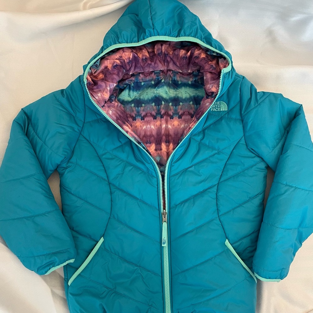 The North Face Teal Hooded Reversible Puffer Jacket Girls Large